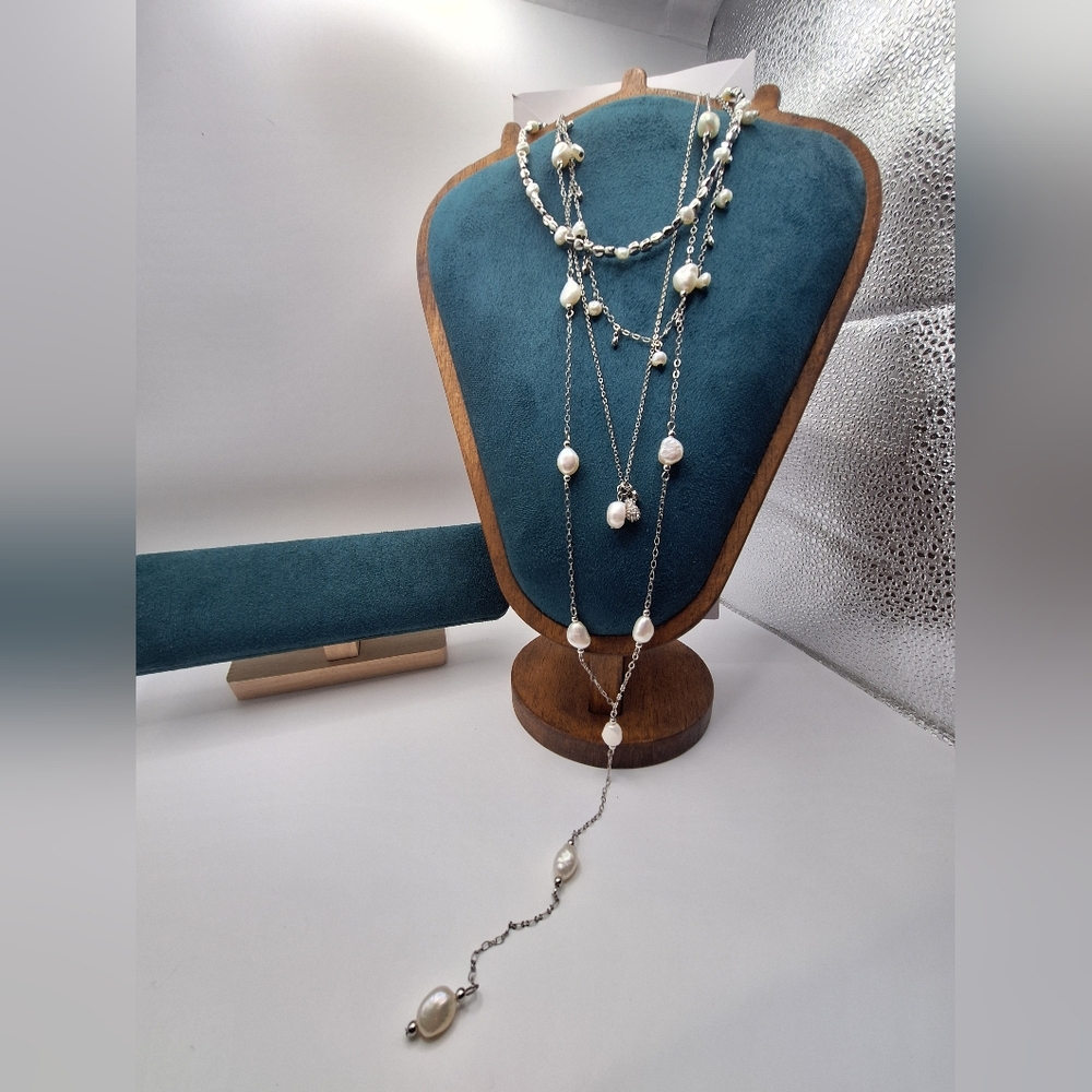 White House Black Market Layered Pearl Chain Necklace | Silver Tone | NWT